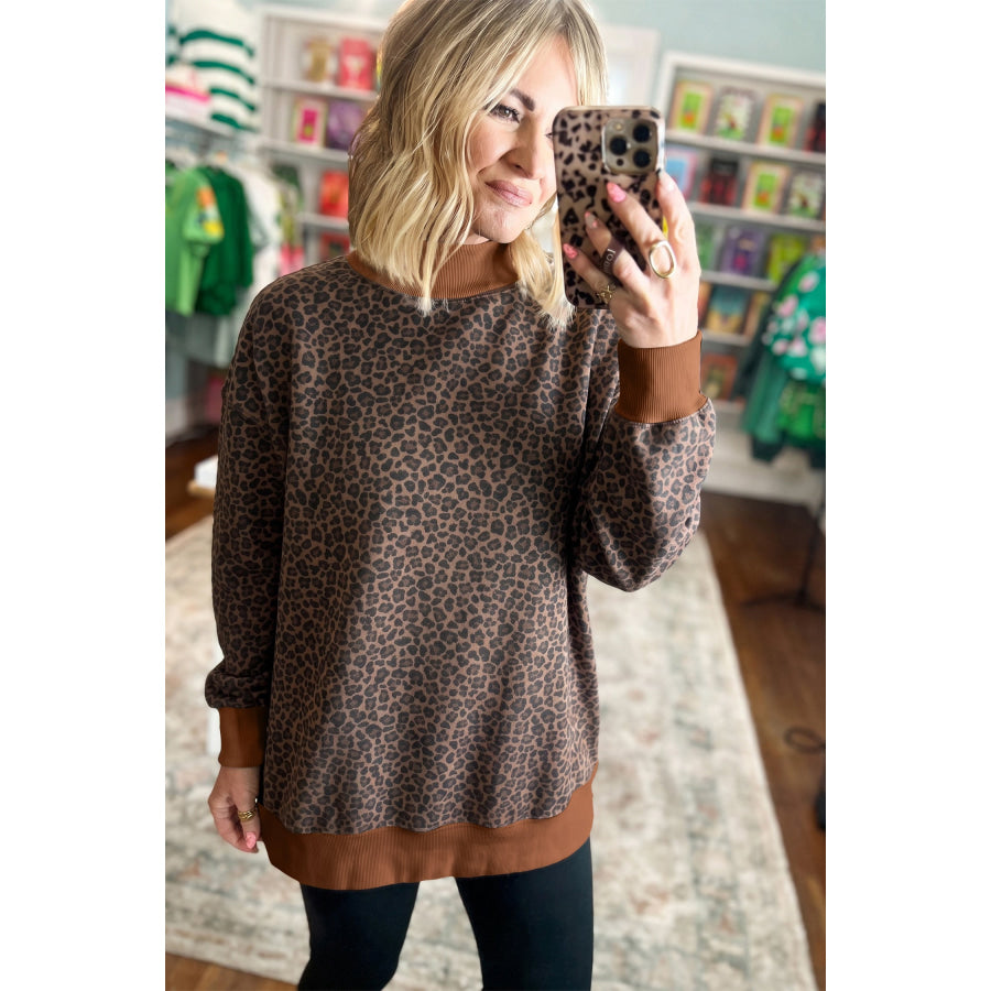 Brown Leopard Print High Neck Long Sleeve Ribbed Cuffs Hem Sweatshirt Tops/Sweatshirts & Hoodies
