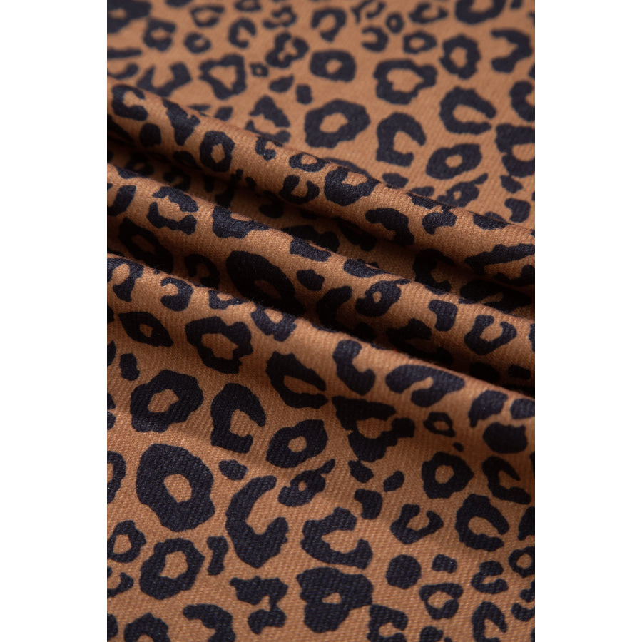 Brown Leopard Print Long Sleeve Henley Top Elastic Waist Shorts 2pcs Outfit Two Piece Sets/Short Sets