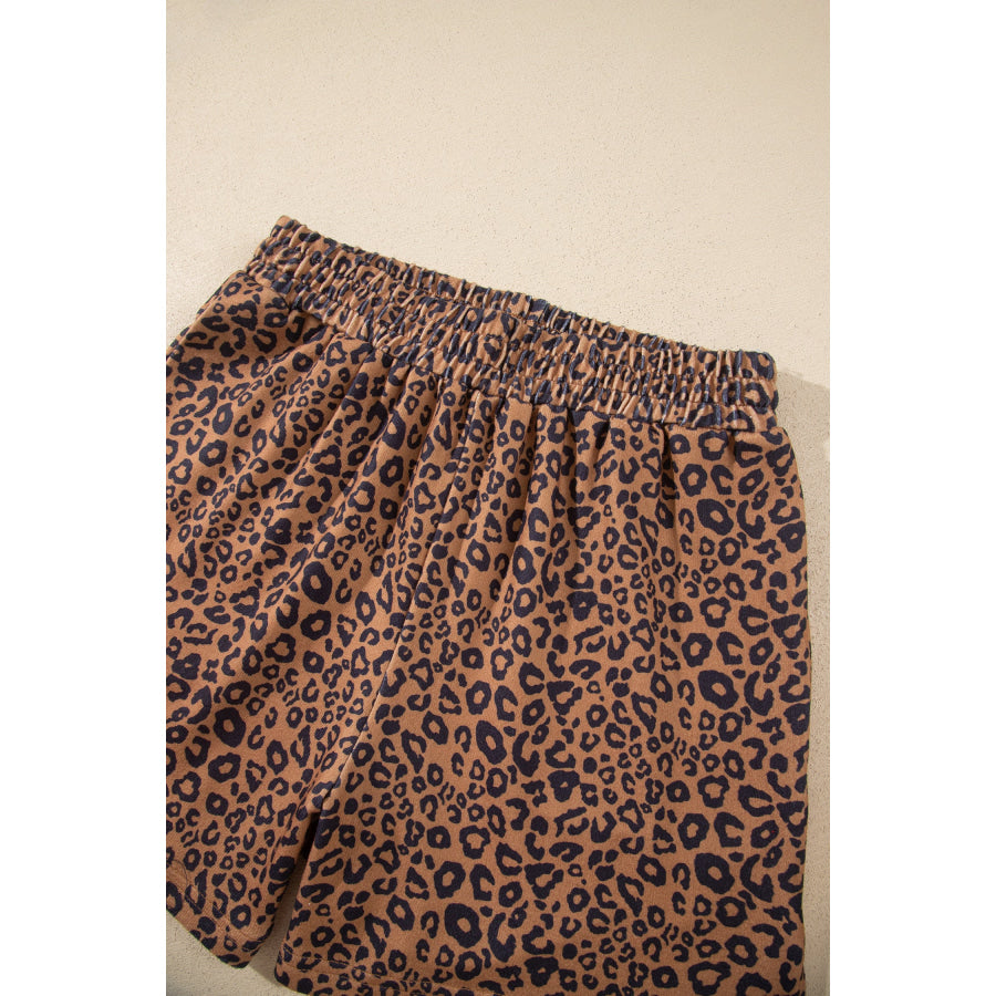 Brown Leopard Print Long Sleeve Henley Top Elastic Waist Shorts 2pcs Outfit Two Piece Sets/Short Sets