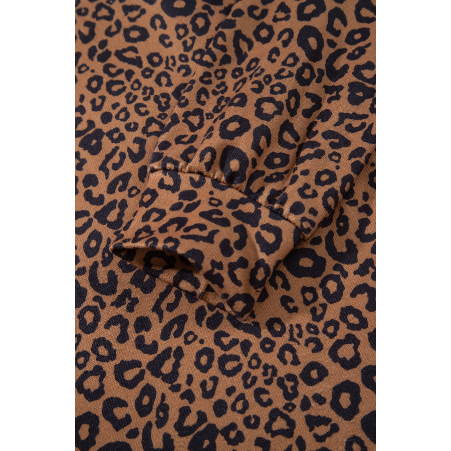 Brown Leopard Print Long Sleeve Henley Top Elastic Waist Shorts 2pcs Outfit Two Piece Sets/Short Sets