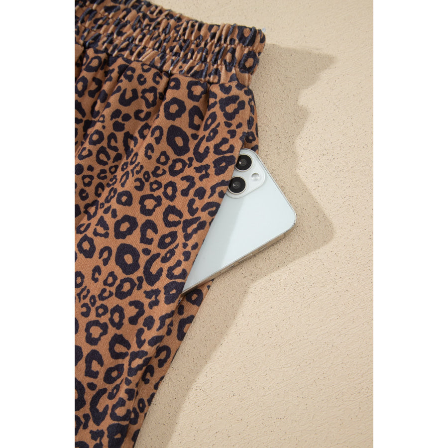 Brown Leopard Print Long Sleeve Henley Top Elastic Waist Shorts 2pcs Outfit Two Piece Sets/Short Sets