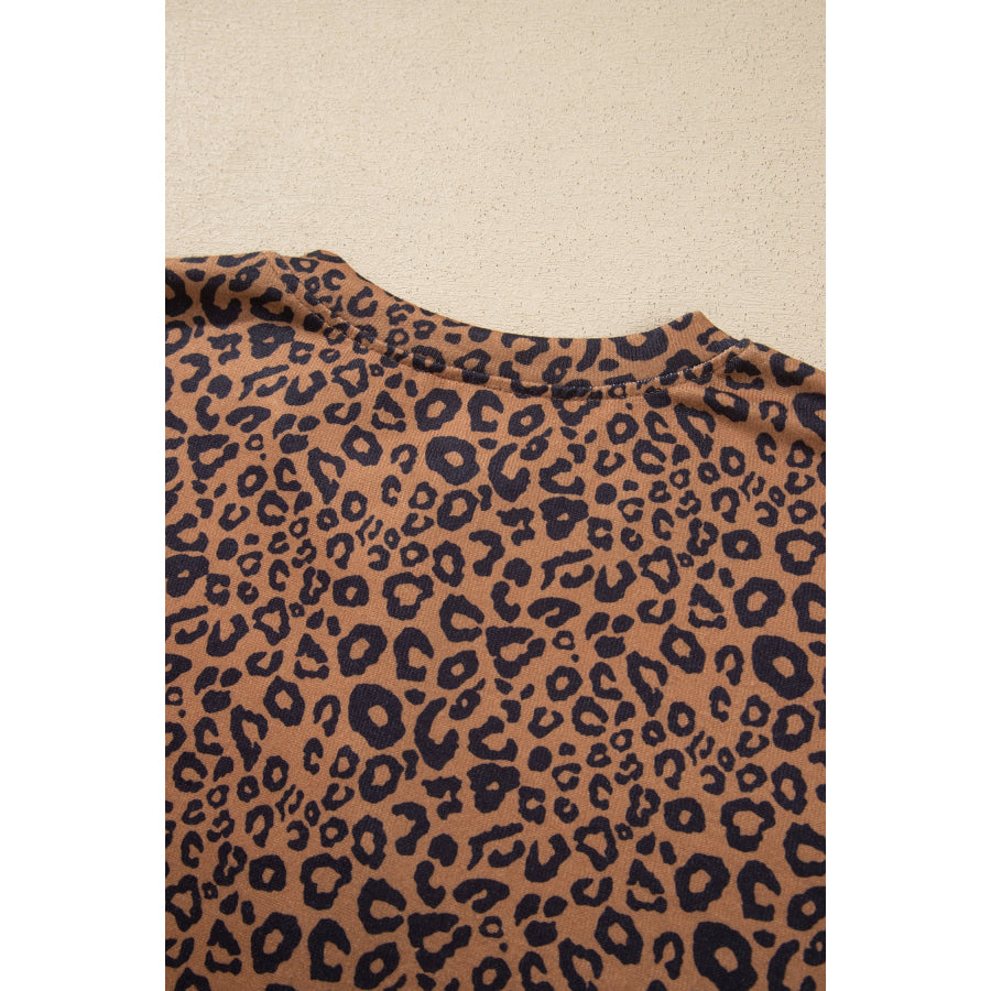 Brown Leopard Print Long Sleeve Henley Top Elastic Waist Shorts 2pcs Outfit Two Piece Sets/Short Sets