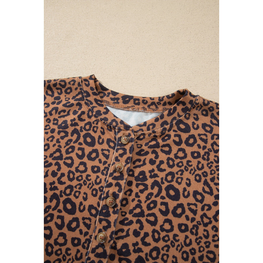 Brown Leopard Print Long Sleeve Henley Top Elastic Waist Shorts 2pcs Outfit Two Piece Sets/Short Sets