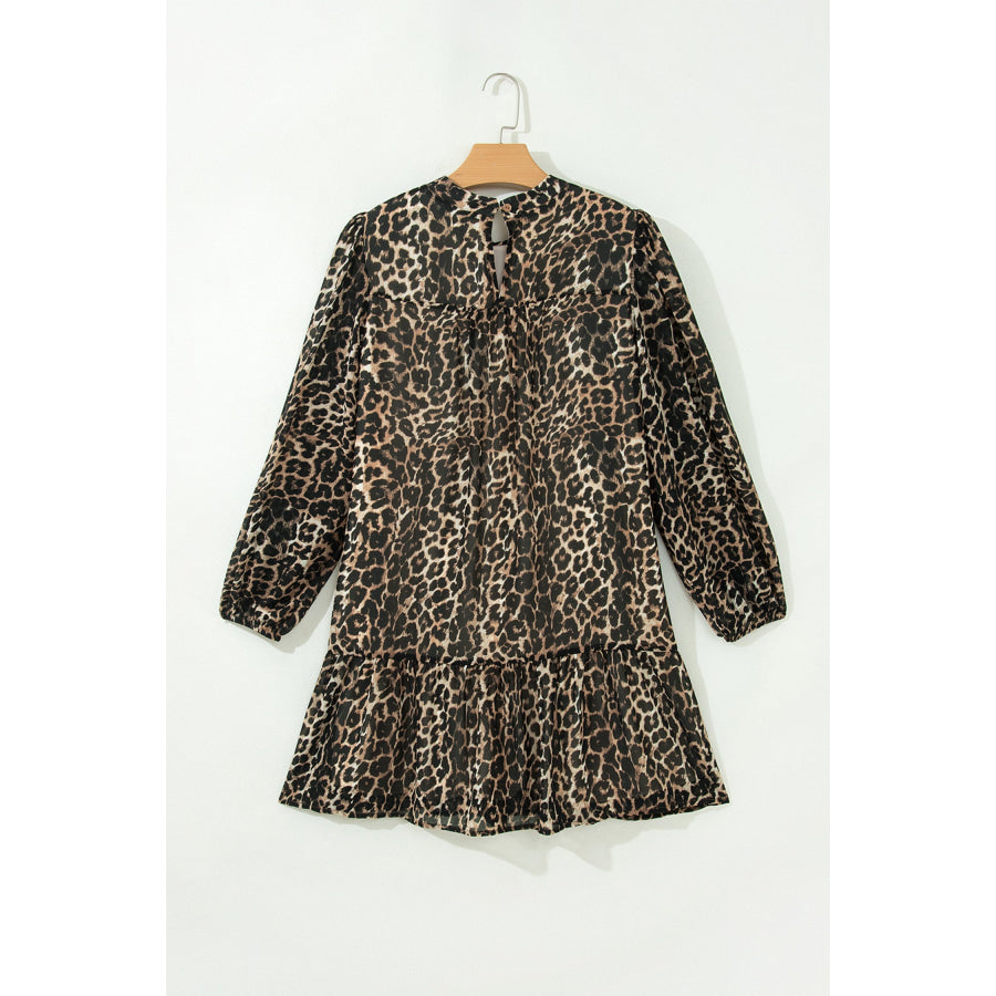 Brown Leopard Print Long Sleeve Short Shift Dress Dresses/Mini Dresses