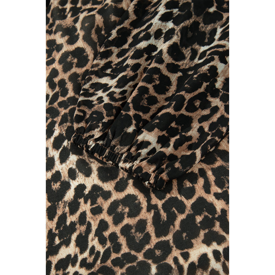 Brown Leopard Print Long Sleeve Short Shift Dress Dresses/Mini Dresses