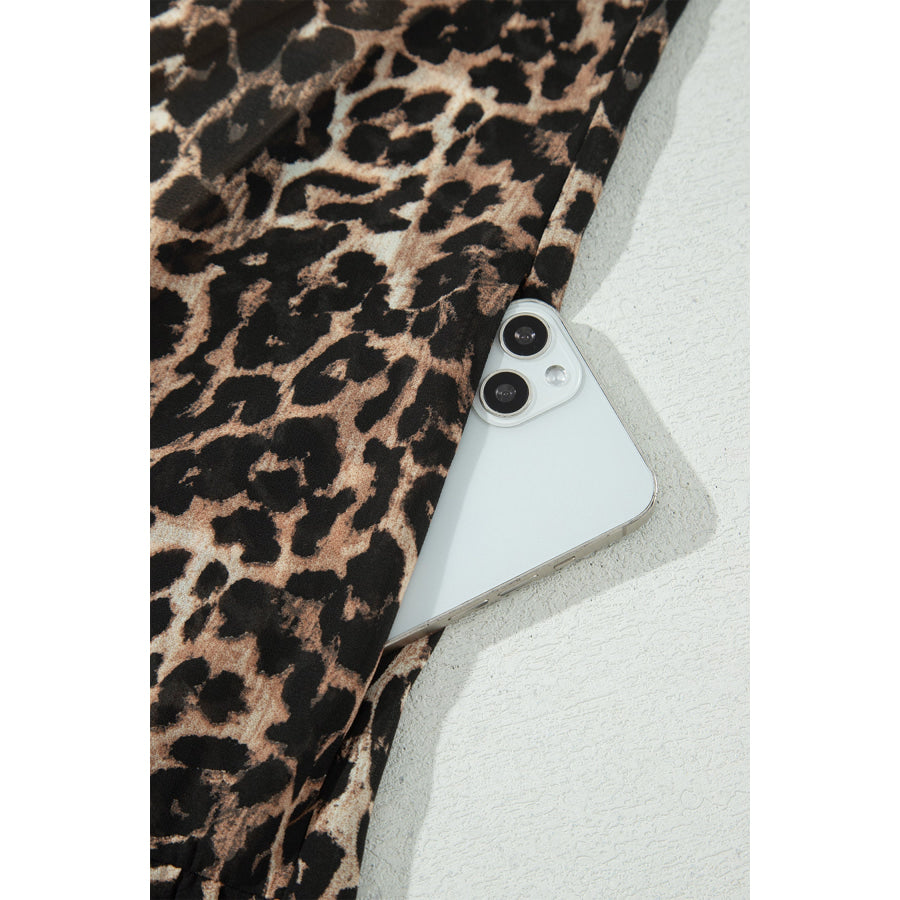 Brown Leopard Print Long Sleeve Short Shift Dress Dresses/Mini Dresses