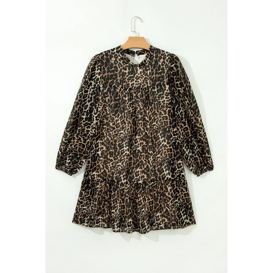 Brown Leopard Print Long Sleeve Short Shift Dress Dresses/Mini Dresses