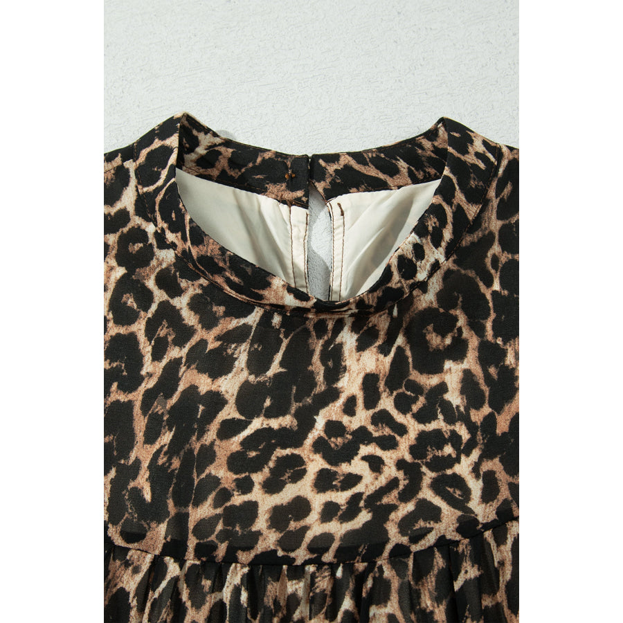 Brown Leopard Print Long Sleeve Short Shift Dress Dresses/Mini Dresses