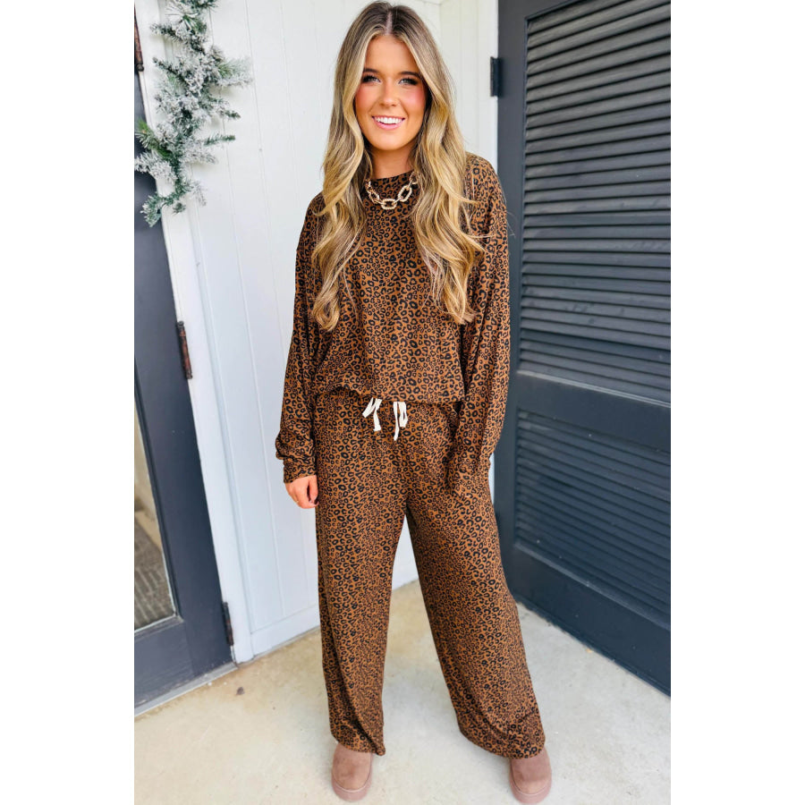Brown Leopard Print Long Sleeve Top Relaxed Pant Set Brown / S / 95% Polyester + 5% Elastane Two Piece Sets/Pant Sets