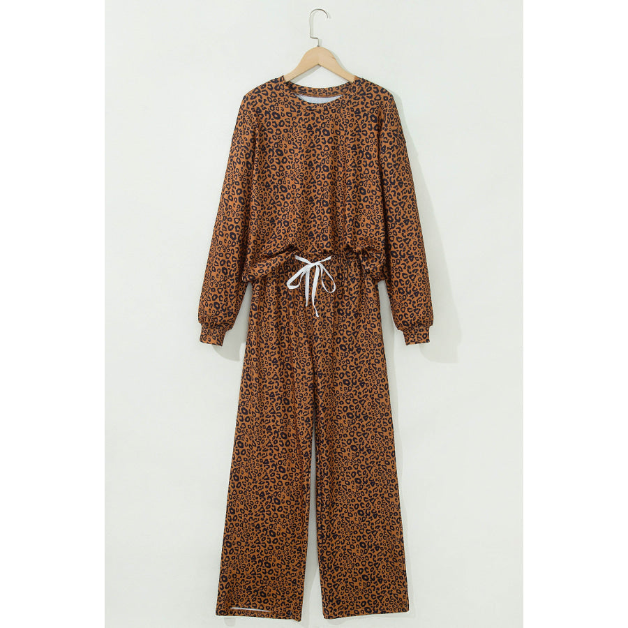 Brown Leopard Print Long Sleeve Top Relaxed Pant Set Two Piece Sets/Pant Sets