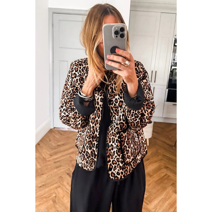 Brown Leopard Print Quilted Button Front Patch Pockets Jacket Outerwear/Jackets