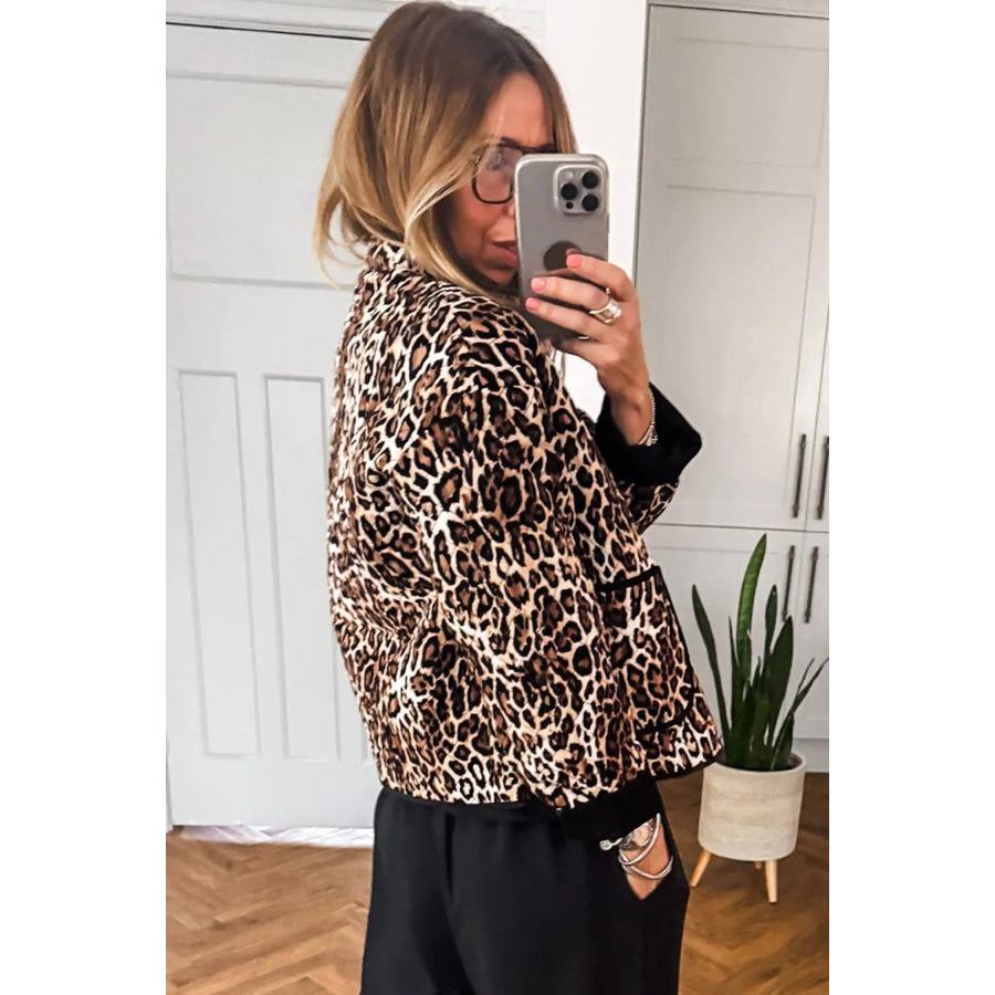 Brown Leopard Print Quilted Button Front Patch Pockets Jacket Outerwear/Jackets