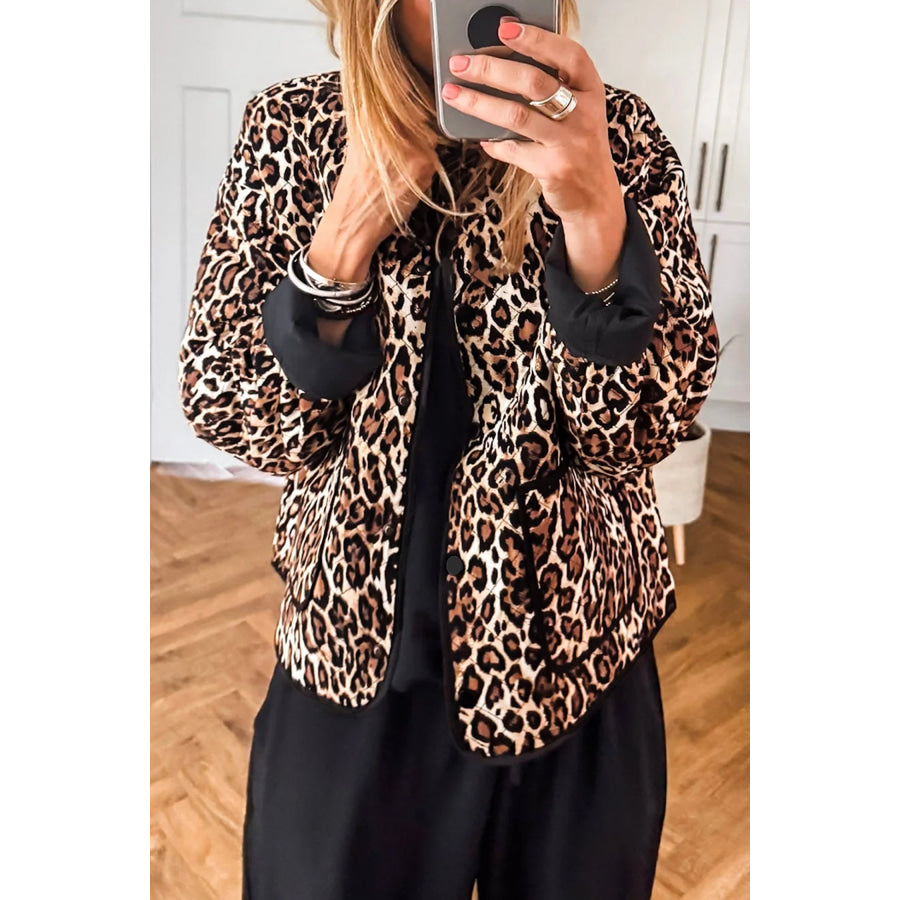 Brown Leopard Print Quilted Button Front Patch Pockets Jacket Brown / S / Shell:100% Polyester + Lining:100% Polyester + Filling:100%
