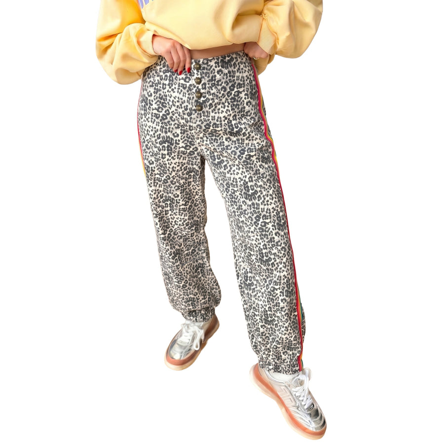 Brown Leopard Print Rainbow Striped Detail Buttoned Loose Jogger Jeans Bottoms/Jeans