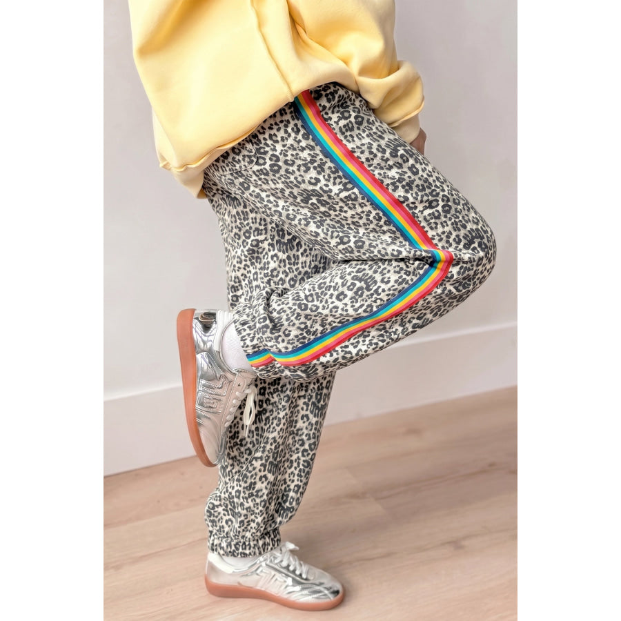 Brown Leopard Print Rainbow Striped Detail Buttoned Loose Jogger Jeans Bottoms/Jeans