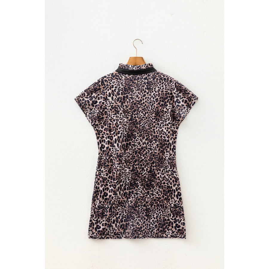 Brown Leopard Print Short Sleeve Mini Shift Silhouette Dress Dresses/Mini Dresses