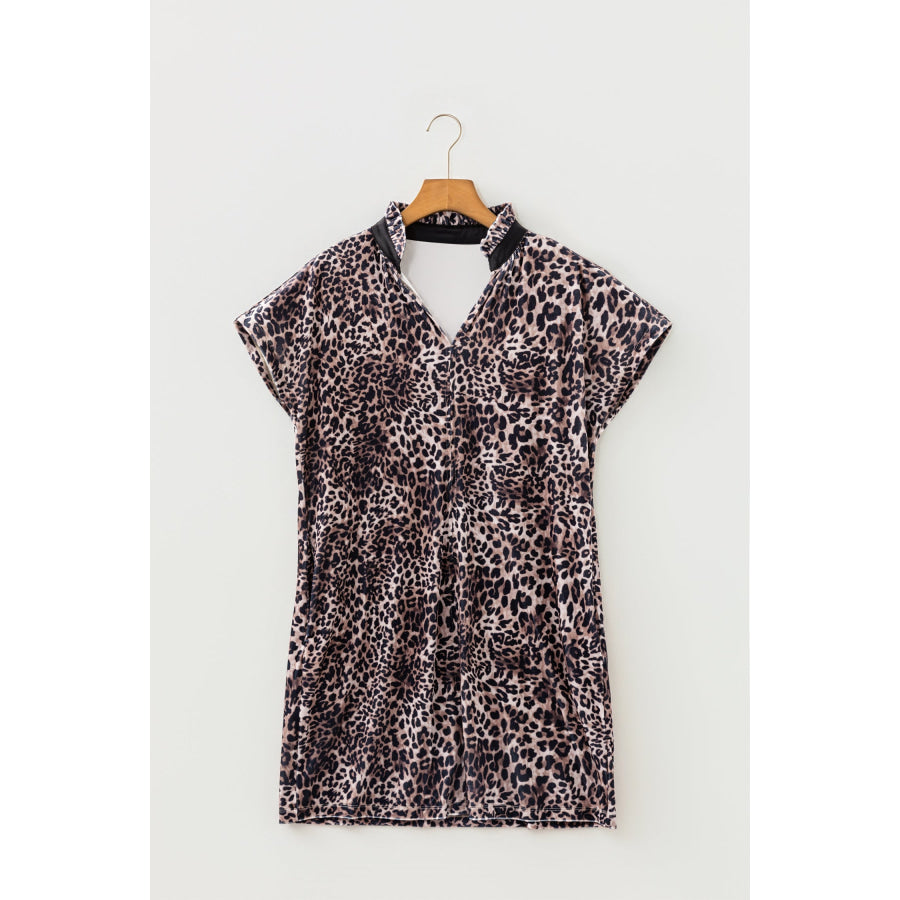 Brown Leopard Print Short Sleeve Mini Shift Silhouette Dress Dresses/Mini Dresses