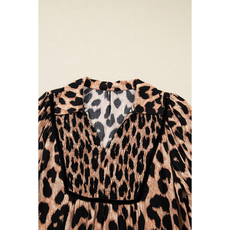 Brown Leopard Print Smocked Detail Flowy Midi Dress Dresses/Midi Dresses