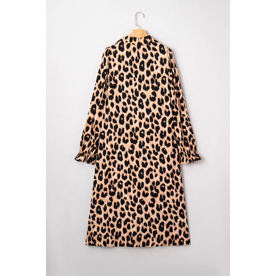 Brown Leopard Print Smocked Detail Flowy Midi Dress Brown / S / 100% Viscose Dresses/Midi Dresses