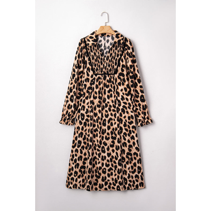 Brown Leopard Print Smocked Detail Flowy Midi Dress Brown / S / 100% Viscose Dresses/Midi Dresses