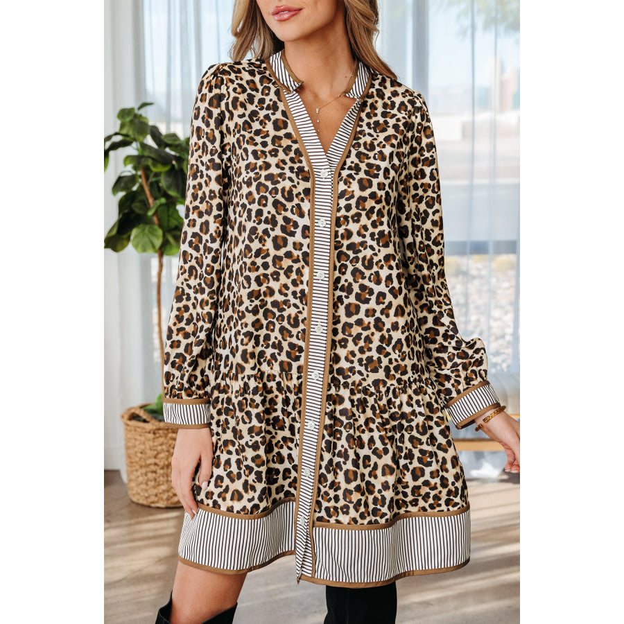 Brown Leopard Print Striped Patchwork 3/4 Sleeve Loose Mini Dress Dresses/Mini Dresses