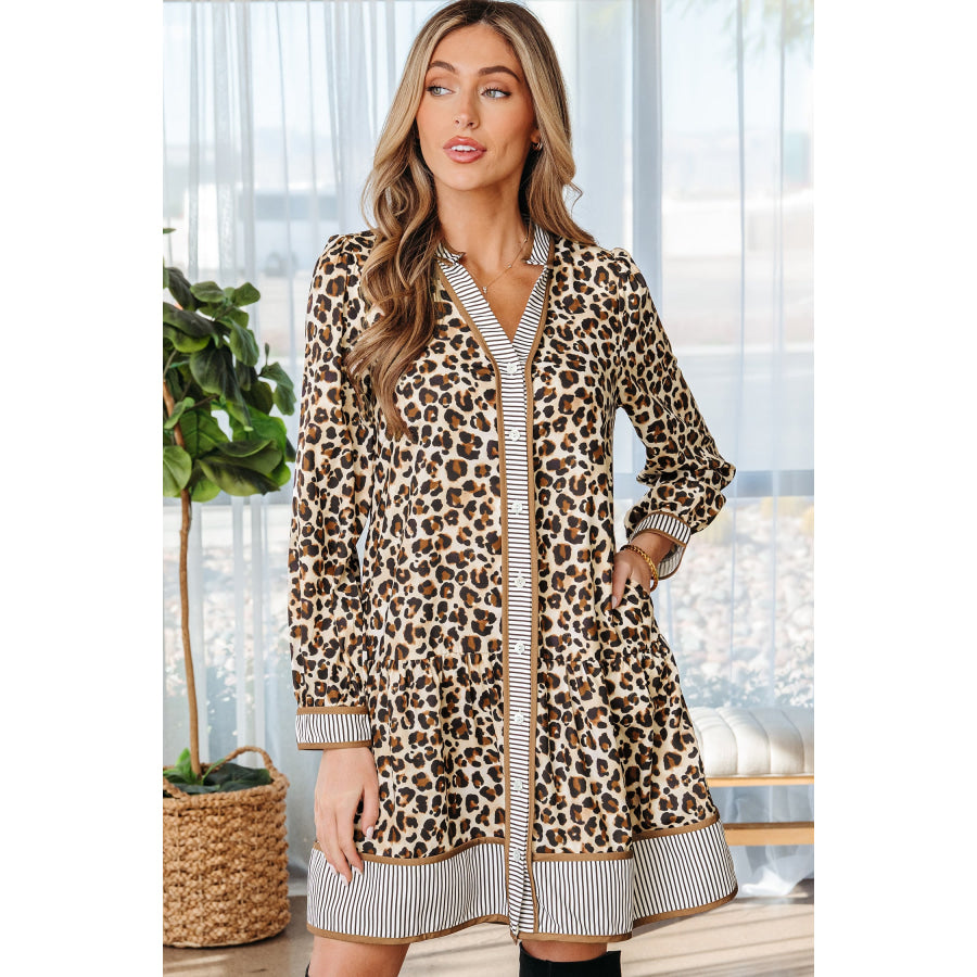 Brown Leopard Print Striped Patchwork 3/4 Sleeve Loose Mini Dress Dresses/Mini Dresses