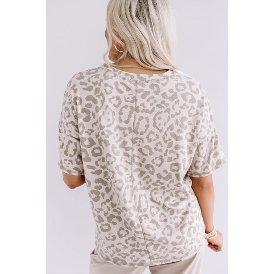 Brown Leopard Print V Neck Plus Size T Shirt Plus Size/Plus Size Tops/Plus Size Tops &amp; Tees