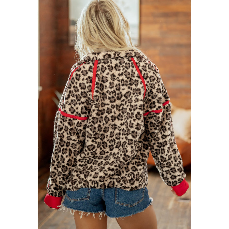 Brown Leopard Print Zip-Up Red Accents Pockets Sweatshirt Tops/Sweatshirts & Hoodies