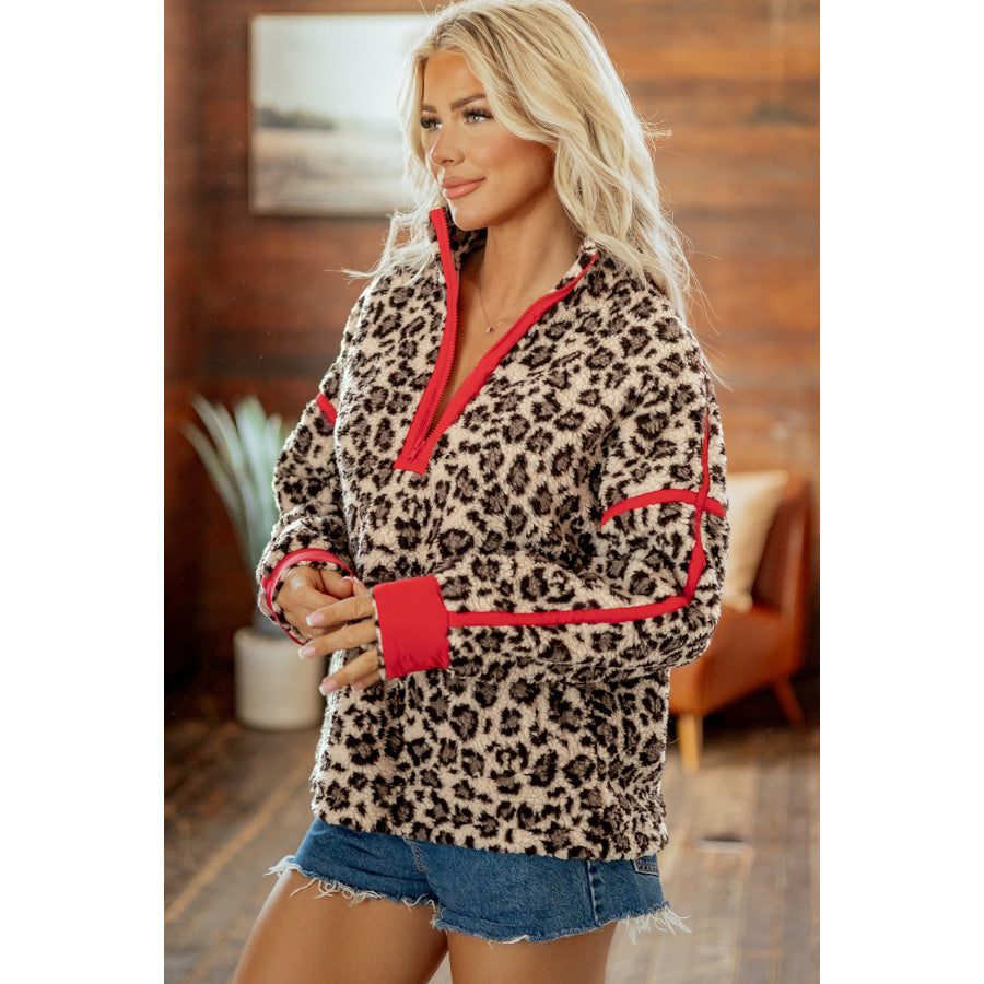 Brown Leopard Print Zip-Up Red Accents Pockets Sweatshirt Tops/Sweatshirts & Hoodies