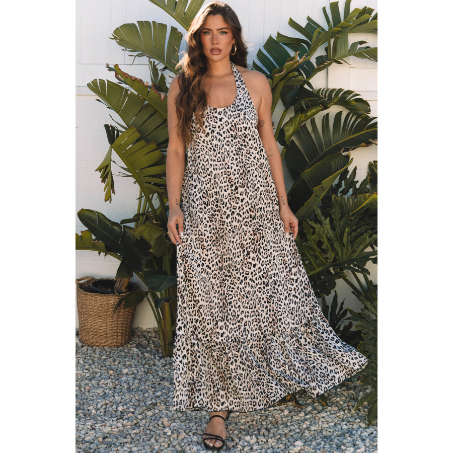 Brown Leopard Printed Halter Neck Backless Ruffled Hem Maxi Dress Dresses/Maxi Dresses