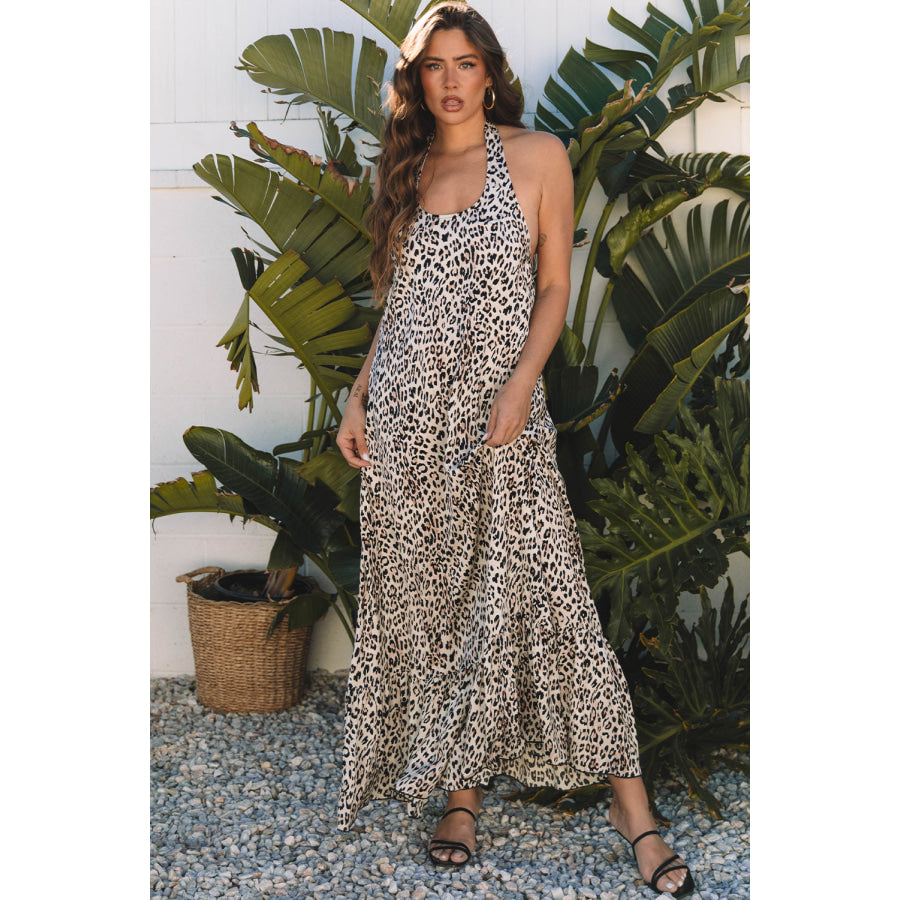 Brown Leopard Printed Halter Neck Backless Ruffled Hem Maxi Dress Dresses/Maxi Dresses