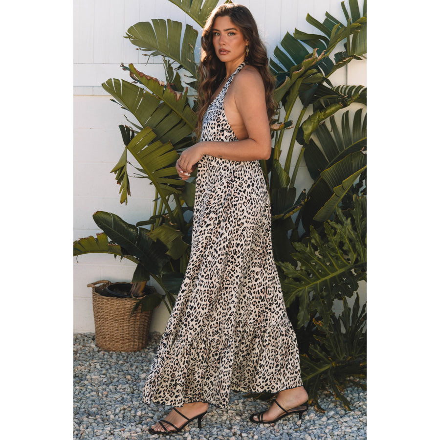 Brown Leopard Printed Halter Neck Backless Ruffled Hem Maxi Dress Dresses/Maxi Dresses