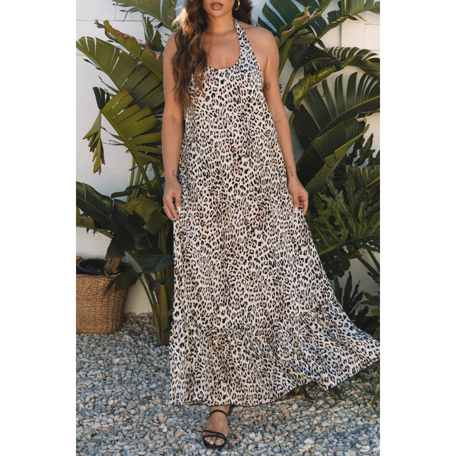 Brown Leopard Printed Halter Neck Backless Ruffled Hem Maxi Dress Dresses/Maxi Dresses