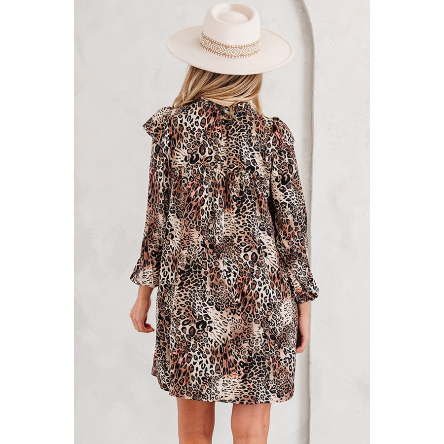 Brown Leopard Ruffled Detail Long Sleeve Loose Mini Dress Brown / S / 100% Polyester Dresses/Mini Dresses