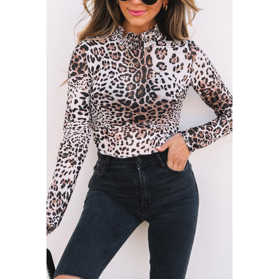 Brown Leopard Smocked Neck Mesh Long Sleeve Bodysuit Sale (50% OFF)/Sale (50% OFF)