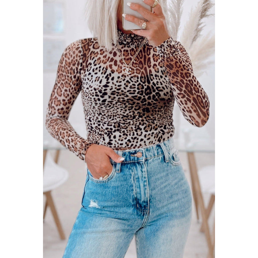 Brown Leopard Smocked Neck Mesh Long Sleeve Bodysuit Sale (50% OFF)/Sale (50% OFF)