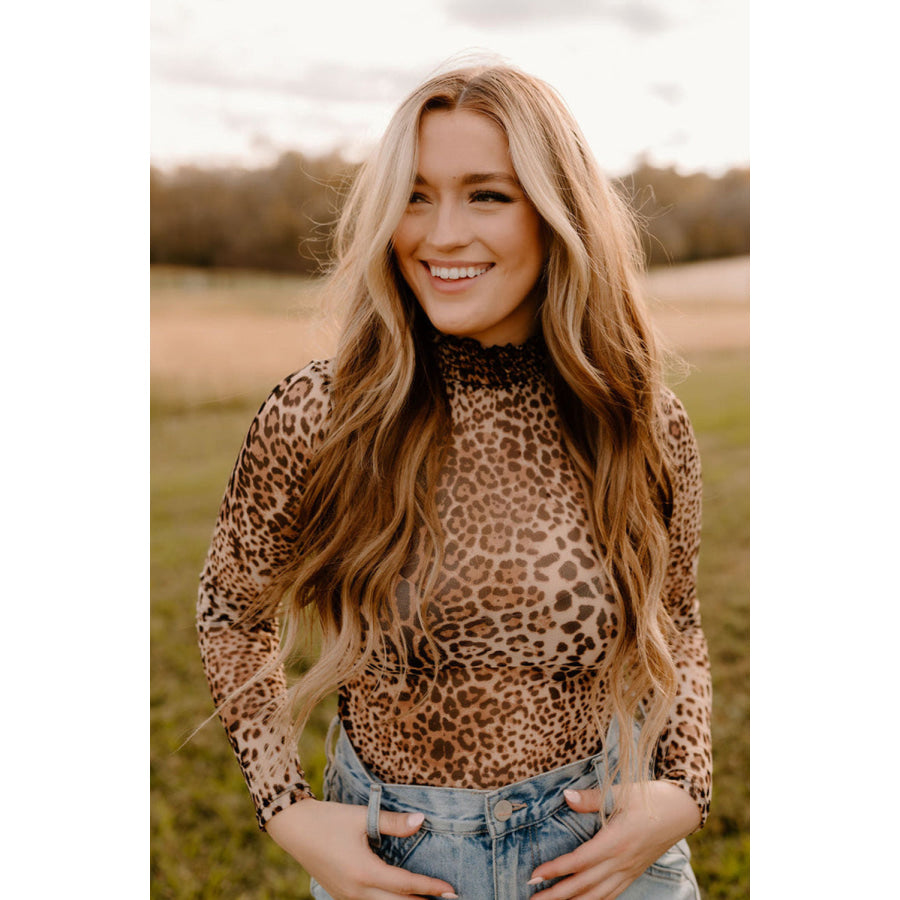 Brown Leopard Smocked Neck Mesh Long Sleeve Bodysuit Sale (50% OFF)/Sale (50% OFF)
