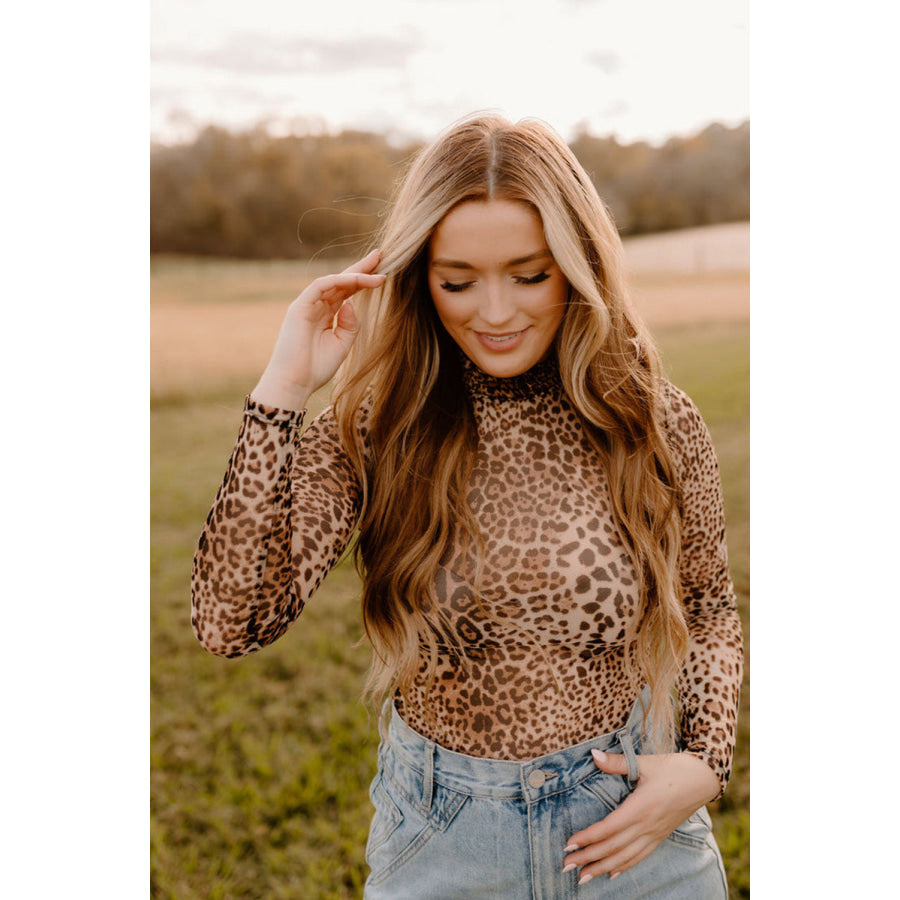 Brown Leopard Smocked Neck Mesh Long Sleeve Bodysuit Sale (50% OFF)/Sale (50% OFF)