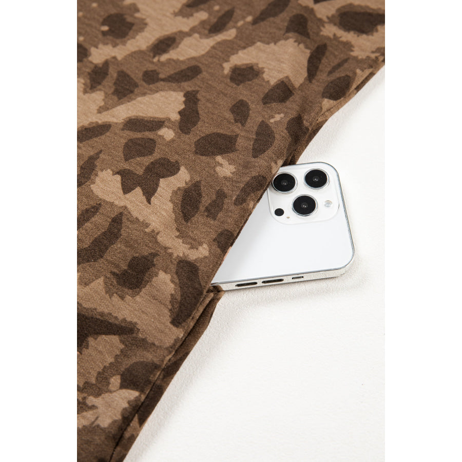 Brown Loose Contrast Striped Accent Leopard T Shirt Mini Dress with Pockets Dresses/Mini Dresses