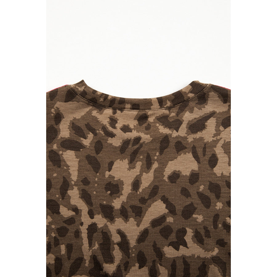 Brown Loose Contrast Striped Accent Leopard T Shirt Mini Dress with Pockets Dresses/Mini Dresses