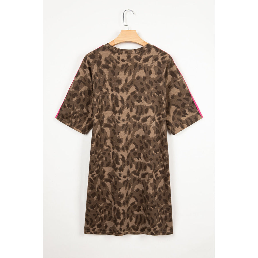 Brown Loose Contrast Striped Accent Leopard T Shirt Mini Dress with Pockets Dresses/Mini Dresses
