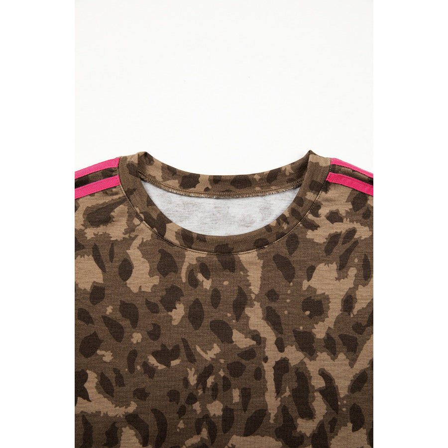 Brown Loose Contrast Striped Accent Leopard T Shirt Mini Dress with Pockets Dresses/Mini Dresses