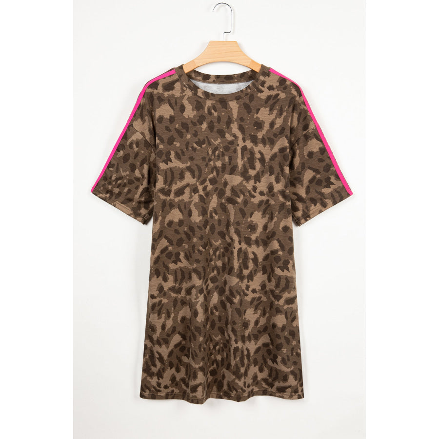 Brown Loose Contrast Striped Accent Leopard T Shirt Mini Dress with Pockets Dresses/Mini Dresses