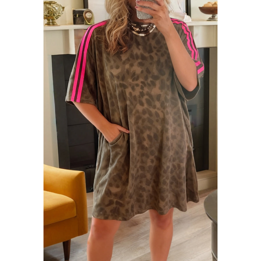 Brown Loose Contrast Striped Accent Leopard T Shirt Mini Dress with Pockets Brown / S / 95% Polyester + 5% Elastane Dresses/Mini Dresses