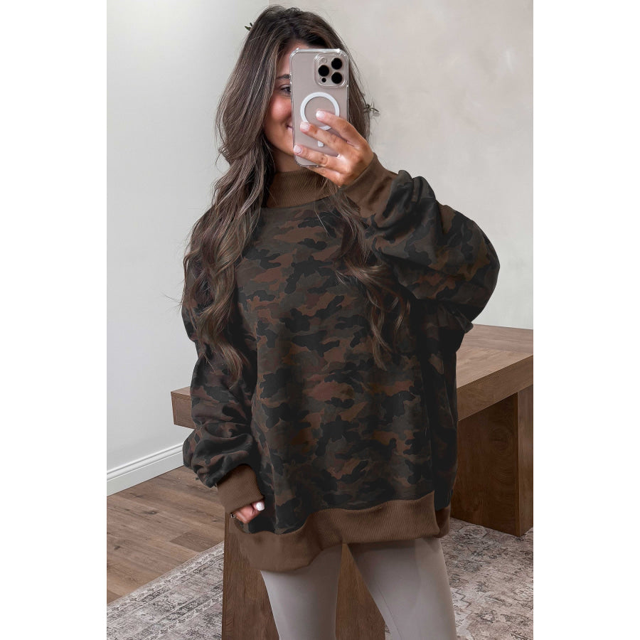 Brown Mockneck Camouflage Baggy Pullover Sweatshirt / S Tops/Sweatshirts & Hoodies