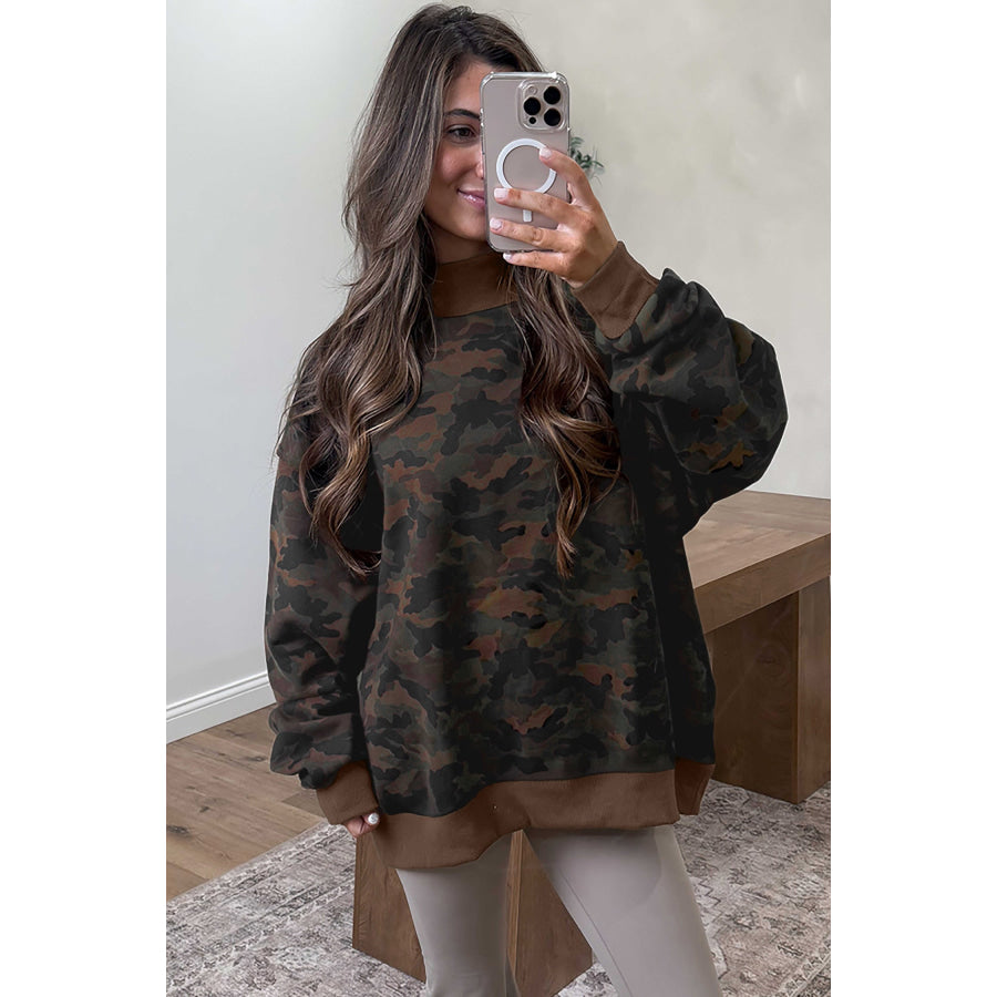 Brown Mockneck Camouflage Baggy Pullover Sweatshirt Tops/Sweatshirts & Hoodies