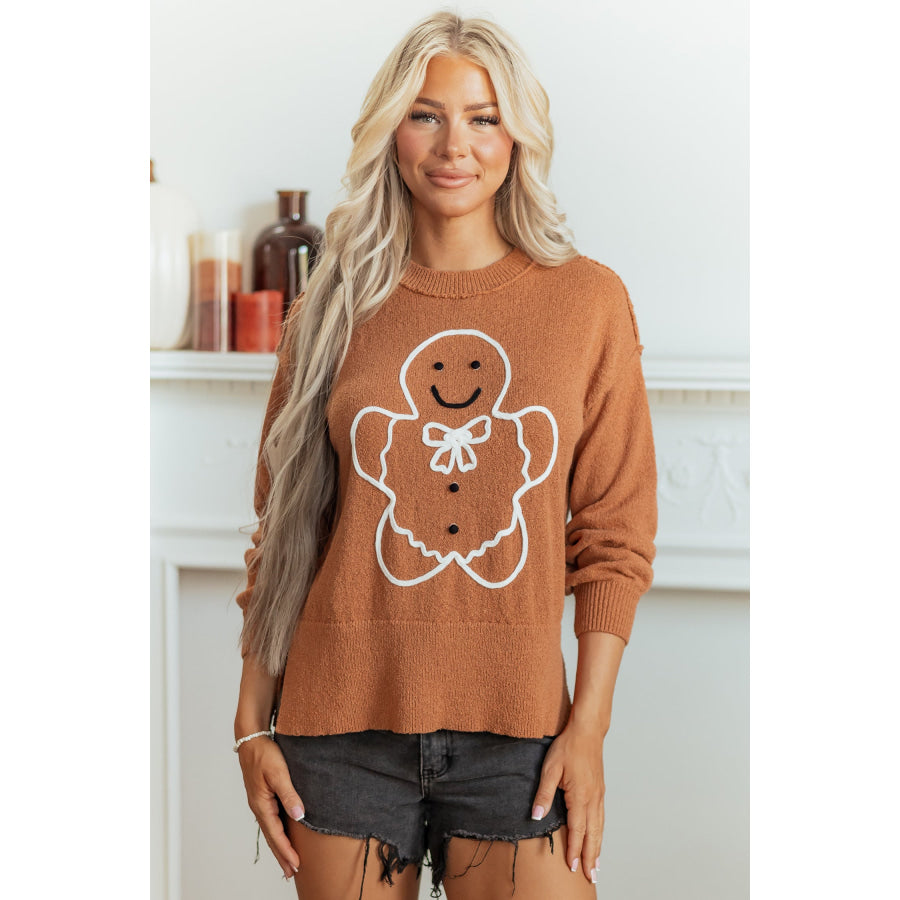 Brown Oversized Drop Shoulder Round Neck Christmas Sweater Brown / S / 100% Polyester Sweaters & Cardigans/Sweaters