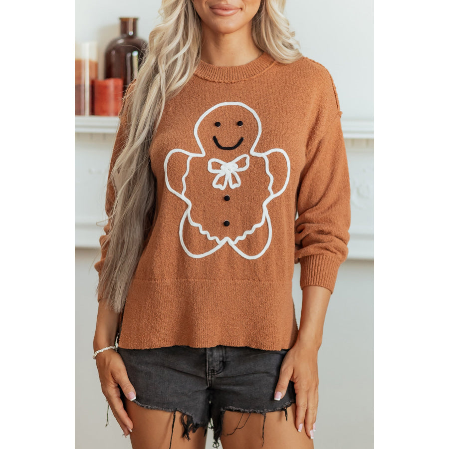 Brown Oversized Drop Shoulder Round Neck Christmas Sweater Sweaters & Cardigans/Sweaters