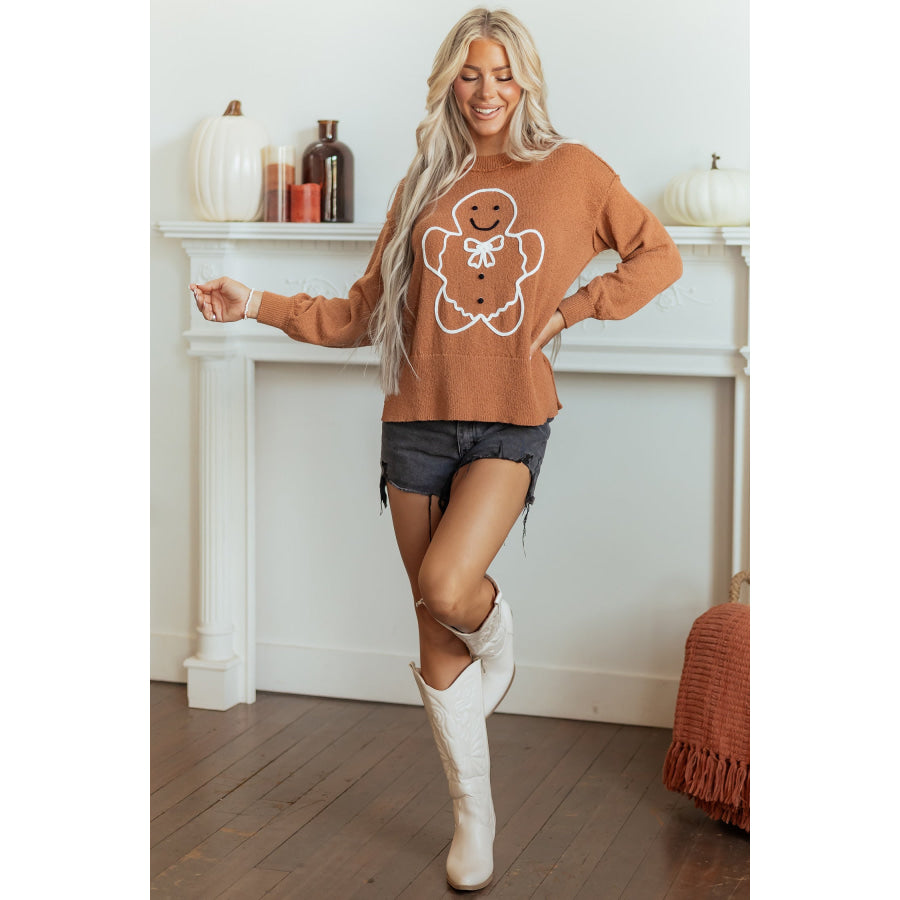 Brown Oversized Drop Shoulder Round Neck Christmas Sweater Sweaters & Cardigans/Sweaters