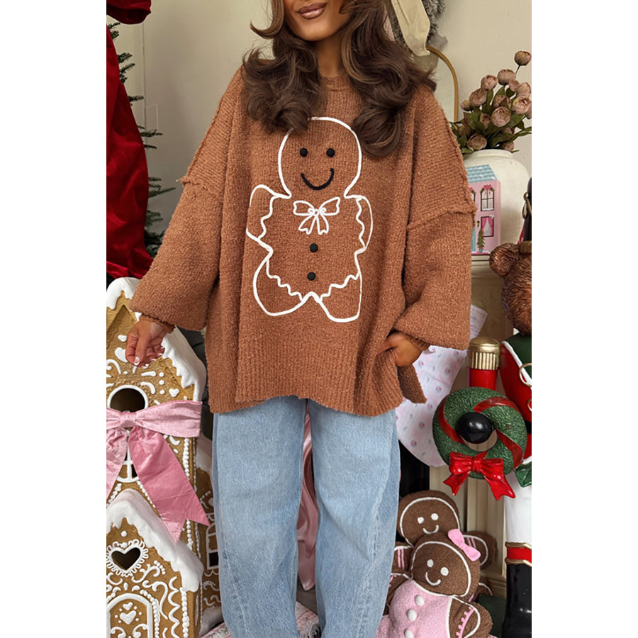 Brown Oversized Drop Shoulder Round Neck Christmas Sweater Sweaters & Cardigans/Sweaters